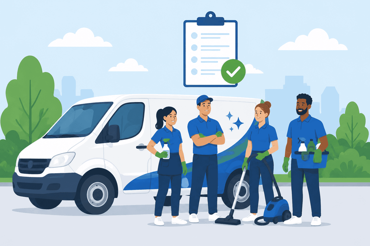 A commercial cleaning crew next to their van with a paid invoice floating above