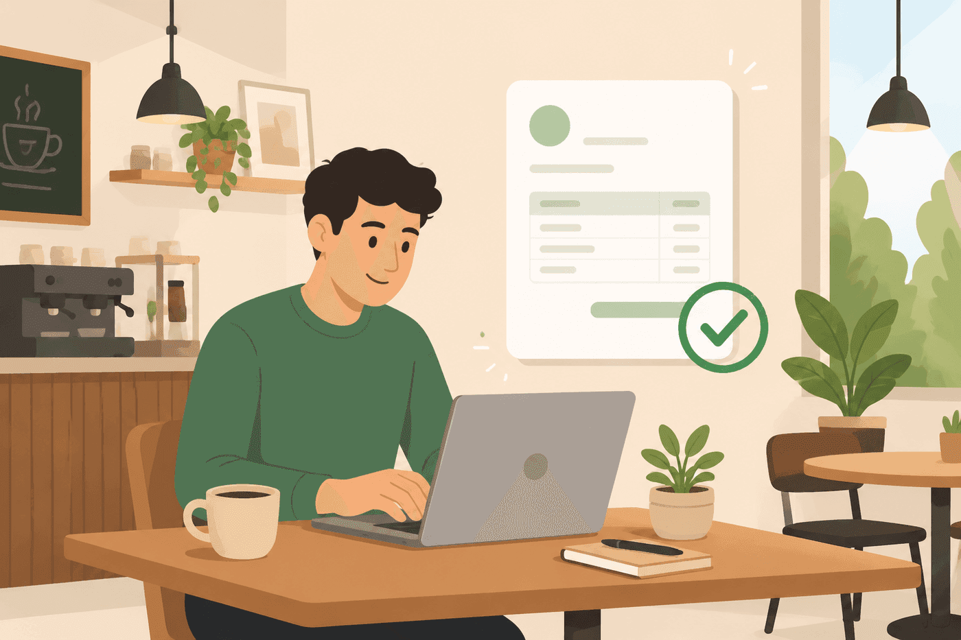 A freelancer working on a laptop, with a paid invoice floating nearby