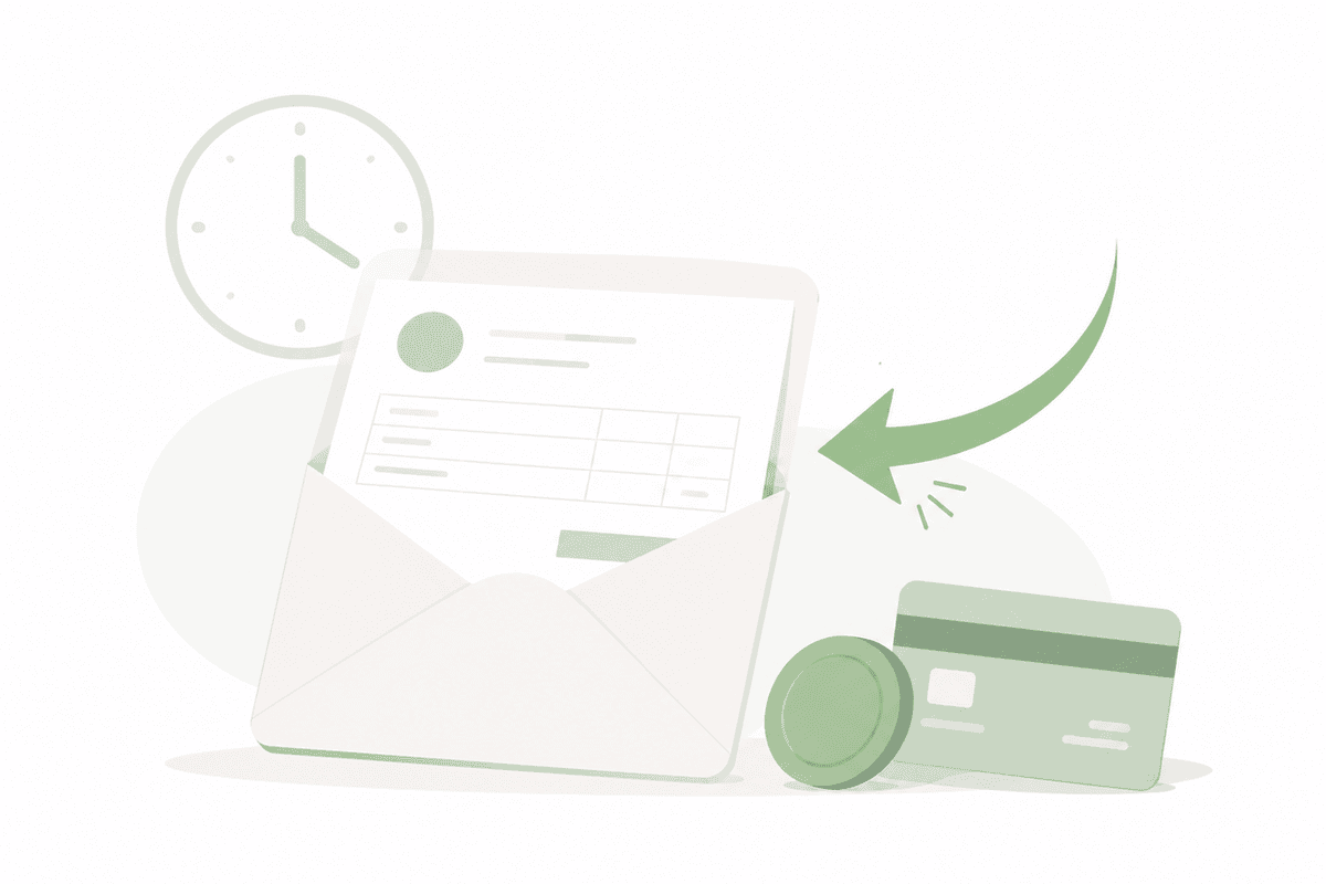 Illustration of an invoice with payment icons and a gentle reminder nudge